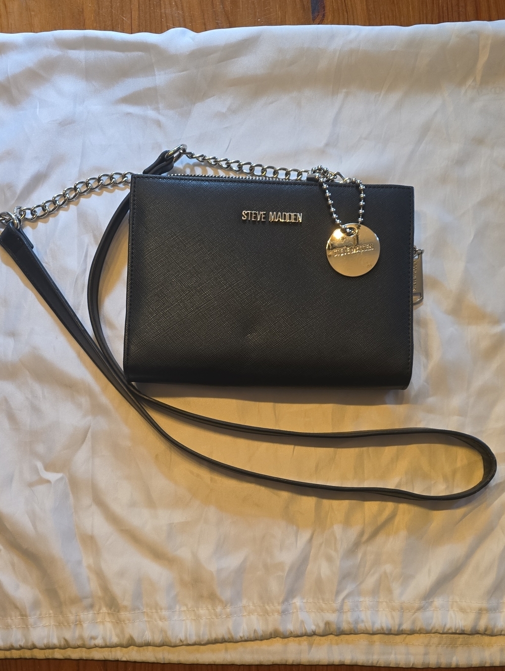 Steve Madden Black Crossbody with Silver Chain and Logo Charm